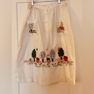 Vintage Hand-Made Embroidered Folk Art Button Down A-Line Midi Skirt L/XL